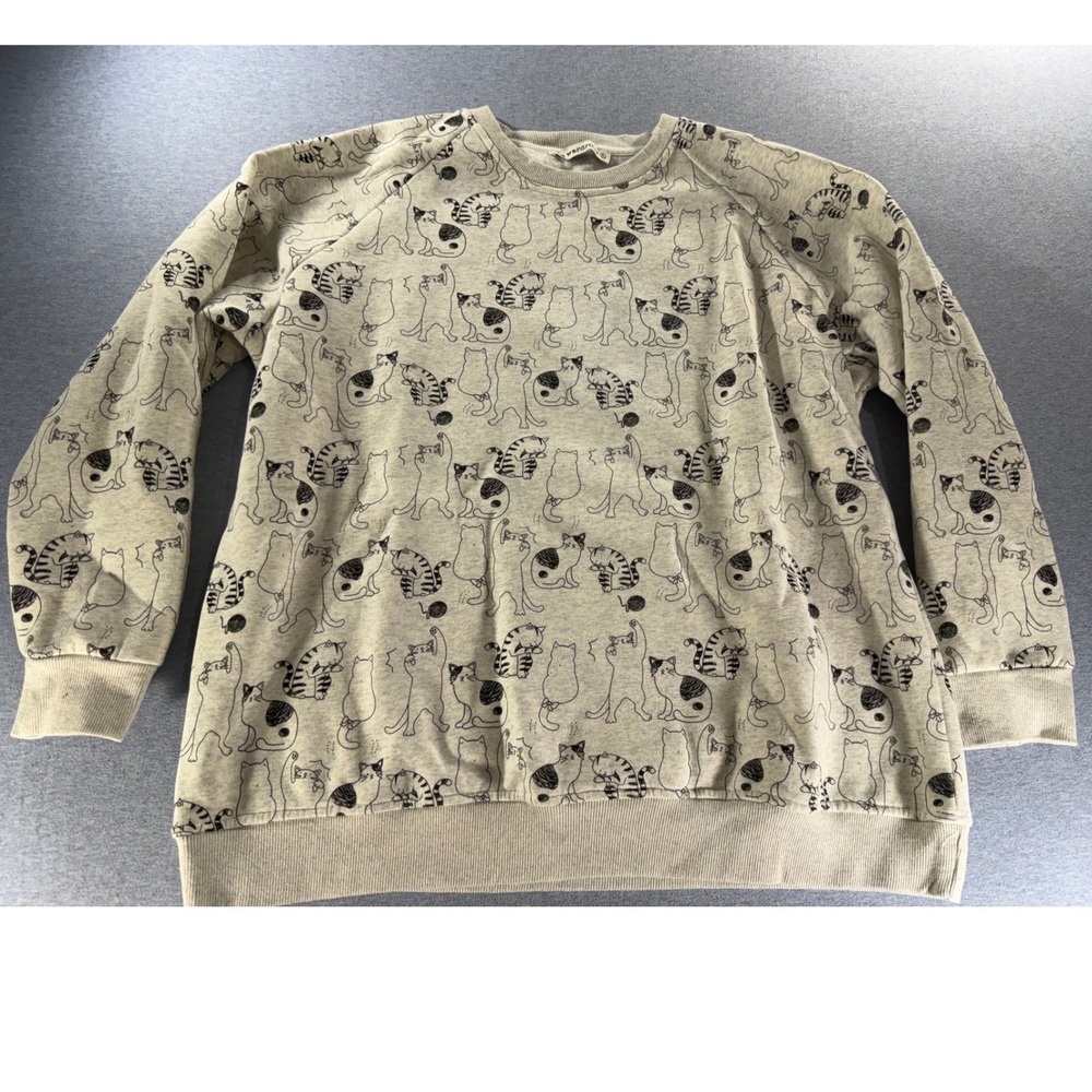 SM Wardrobe Womens XL Cat Print Sweatshirt Fleece Lined Raglan Crewneck Oatmeal